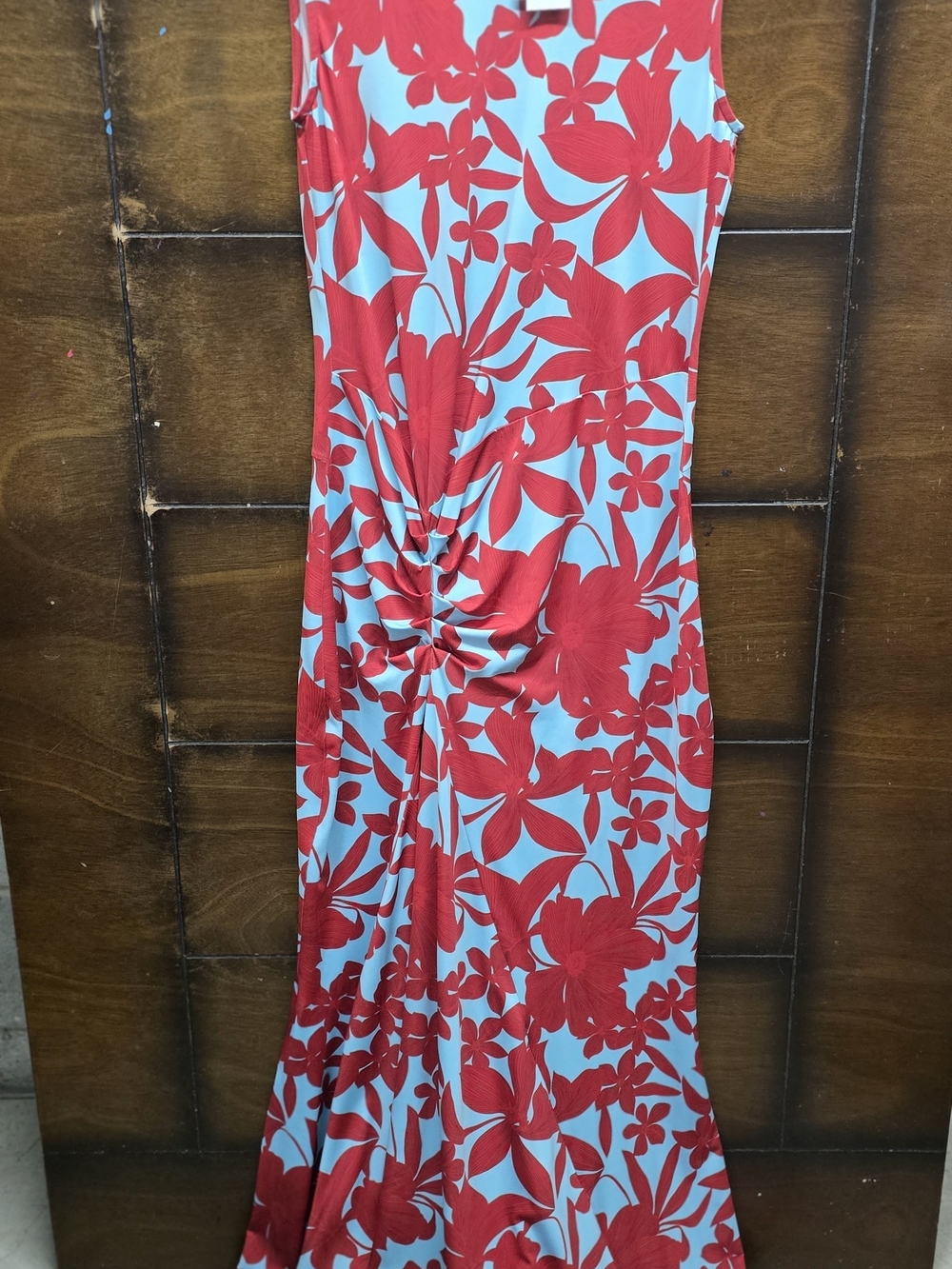Red Floral Twist-Detail Maxi Dress in Light Blue Red M Nwt